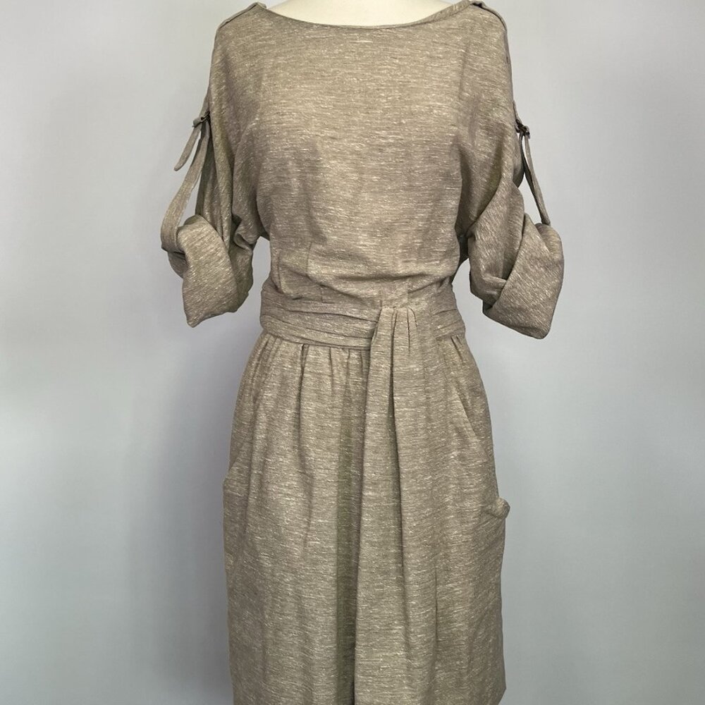 Lela Rose Wool Blend Bateau Neckline A-Line Sheath Knee Length Beige Dress XS